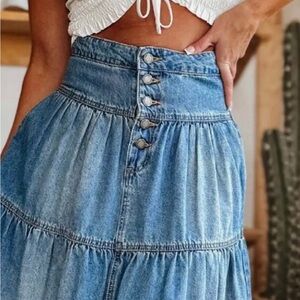Blue Denim Maxi Skirt with Button Detail